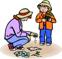 Woman and girl planting seeds and plants