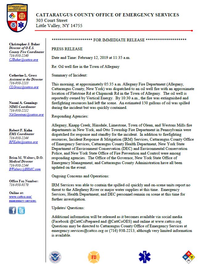 press release regarding oil well fire in allegany
